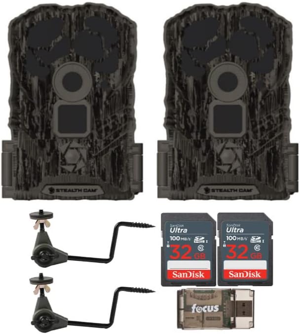 Stealth Cam Browtine 14MP Trail Camera with Video (2-Pack) Bundle with Economy Trail Camera Holder (2-Pack), 32GB Memory Card (2-Pack)
