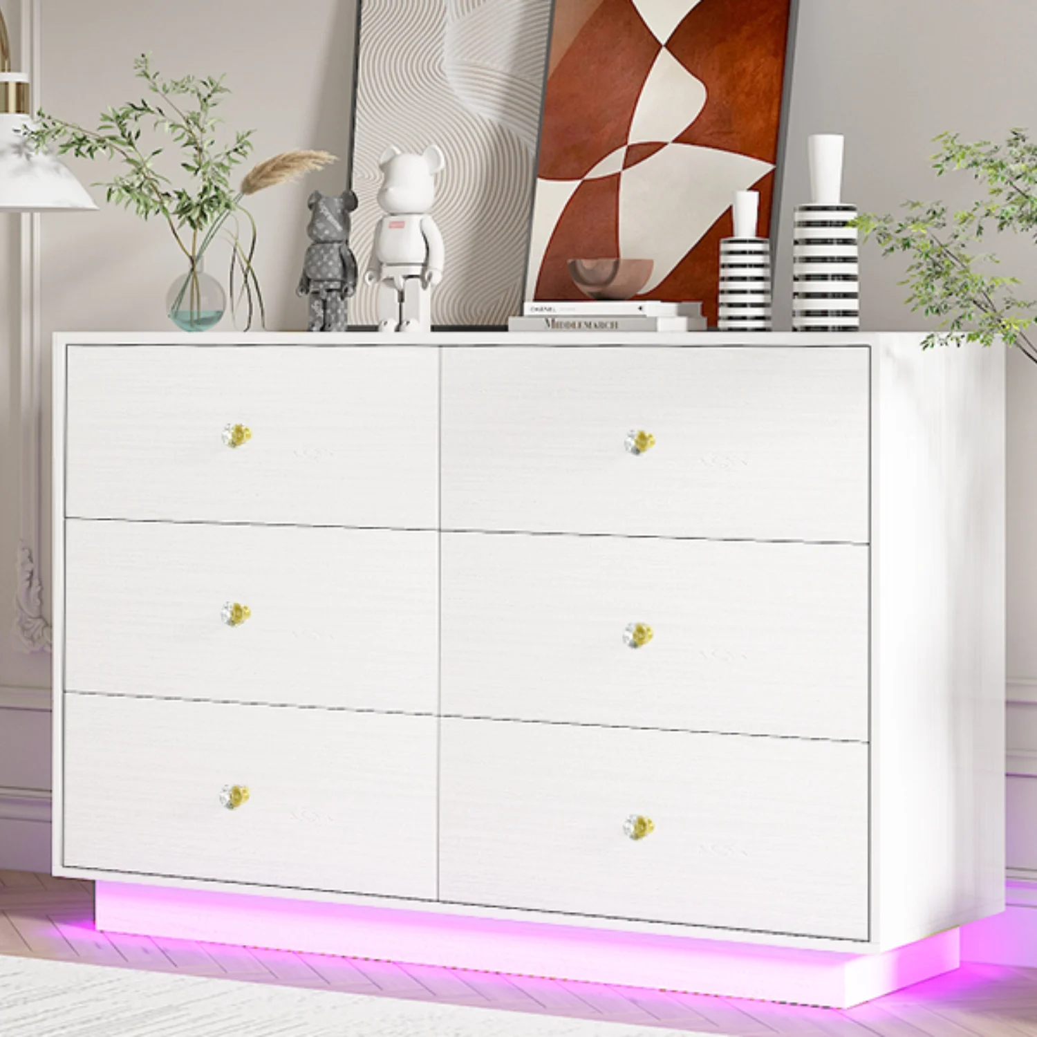 4 EVER WINNER Dresser with LED Light for Bedroom, White 6 Drawers Dresser, Modern Storage Cabinet Chest of Drawer for Bedroom, White