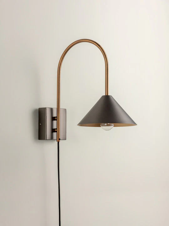 1 light antique silver and burnished brass cone wall light