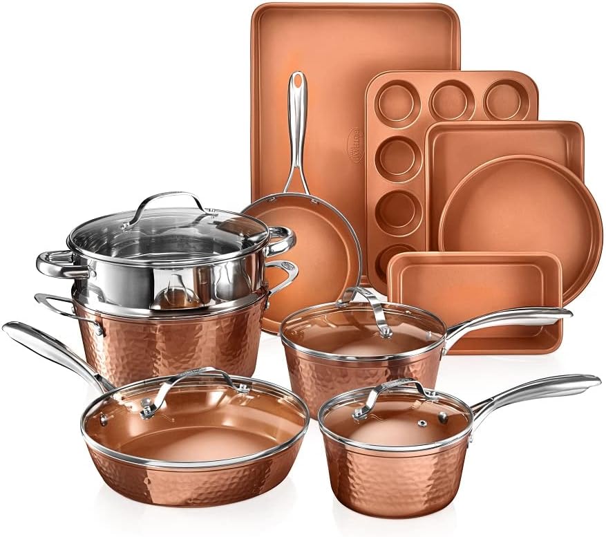 Gotham Steel Hammered 15 Pc Ceramic Pots and Pans Set Non Stick Cookware Set, Kitchen Cookware Sets, Ceramic Cookware Set with Non Toxic Cookware