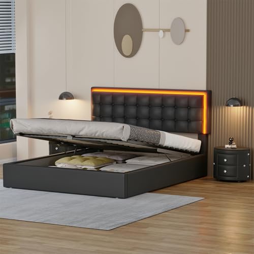 3Pcs Bedroom Set, Queen Size Upholstered Bed with LED Headboard, Hydraulic Storage Under Bed, 2 PU Nightstand with Drawers and Crystal Decoration