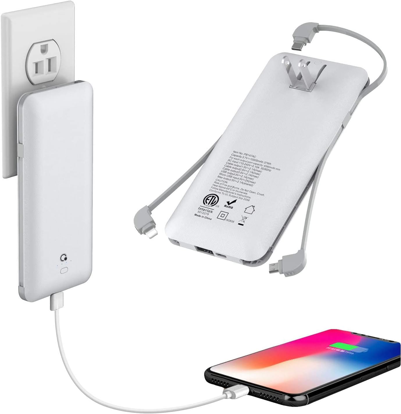 10000mAh Q Portable Charger, Ultra Slim USB C Power Bank, 4 Output Dual Input External Battery Pack with Built-in AC Wall Plug