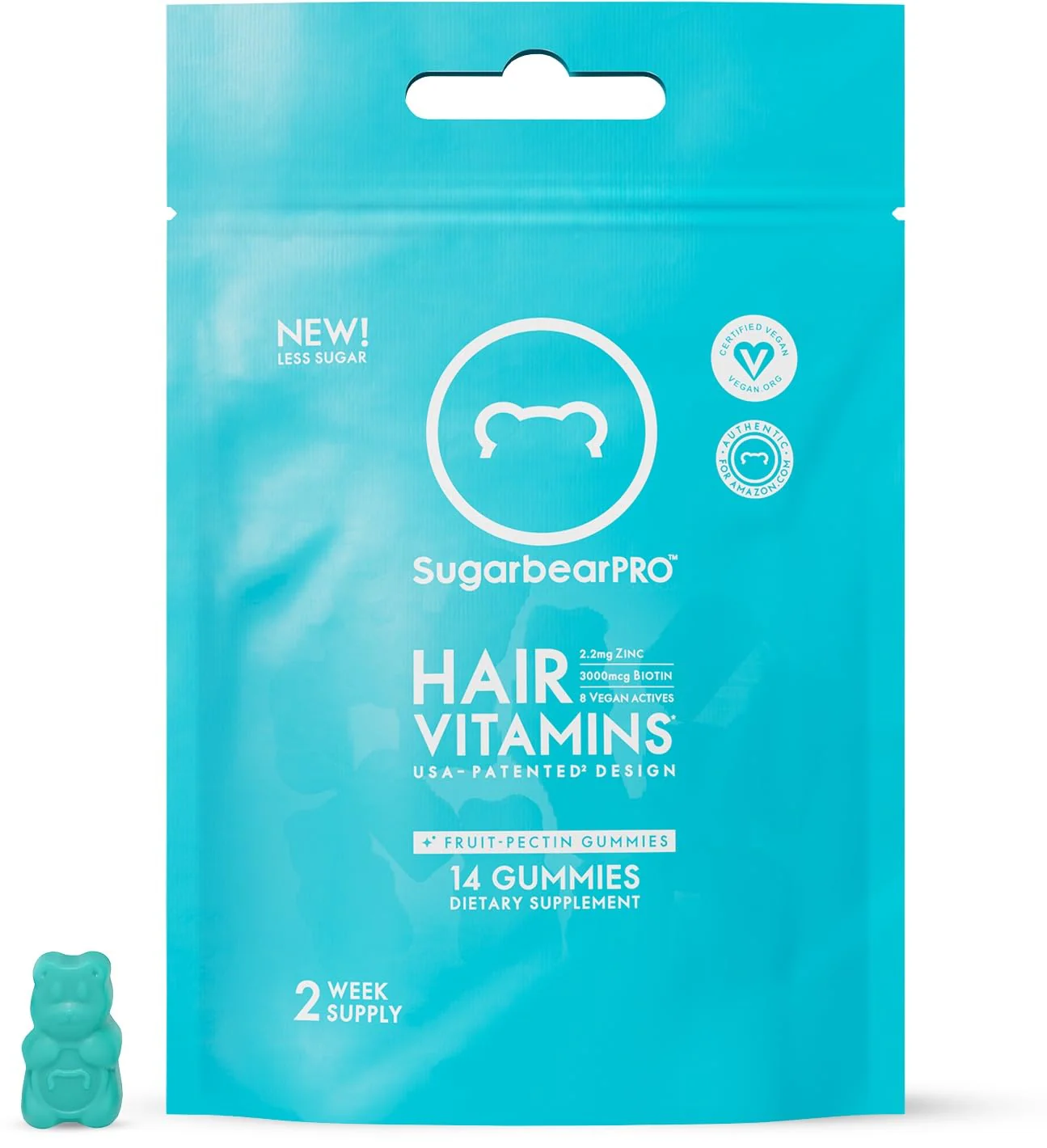 SugarbearPro Hair Vegan Vitamin Gummies for Luscious Hair with Biotin, Vitamin E, B12, Iodine, Folic Acid, Inositol, Coconut Oil