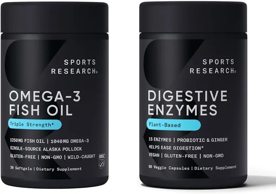 Sports Research Triple Strength Omega 3 EPA & DHA Fish Oil 1250mg Burpless Supplement (30 Softgels) and Digestive Enzymes with Probiotics & Ginger