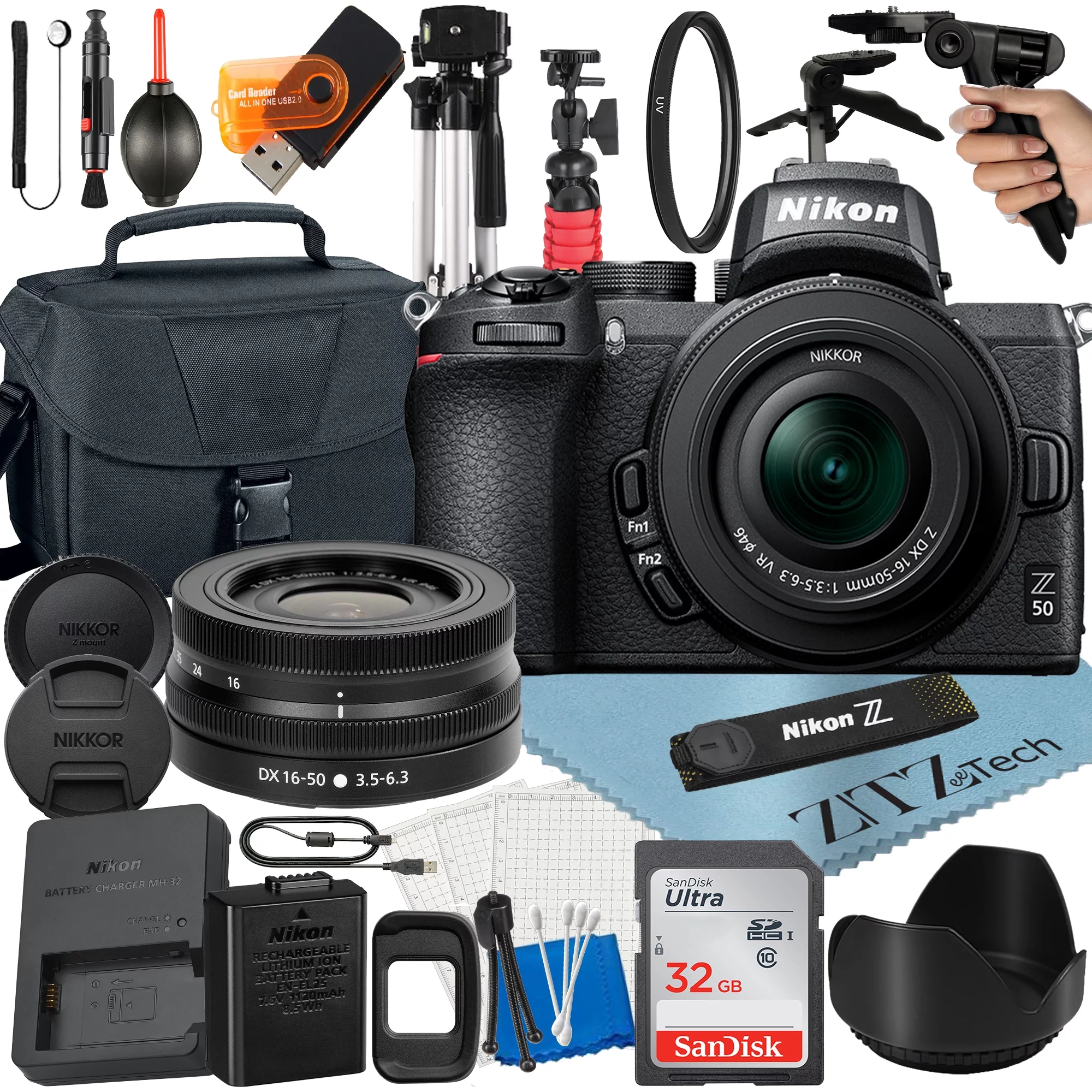 Nikon Z50 Mirrorless Camera Bundle with NIKKOR 16-50mm VR Zoom Lens + 32GB SanDisk Card + Case + Tripod + ZeeTech Accessory - Curated Treasures Market