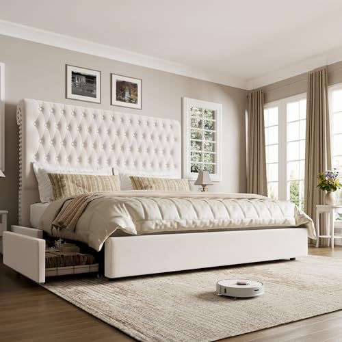 King Size Bed Frame 54" Tall Headboard with Gorgeous Button Tufted and Nail, Velvet Fabric Upholstered Bed Frame includes 4 Under-bed Storage Drawers