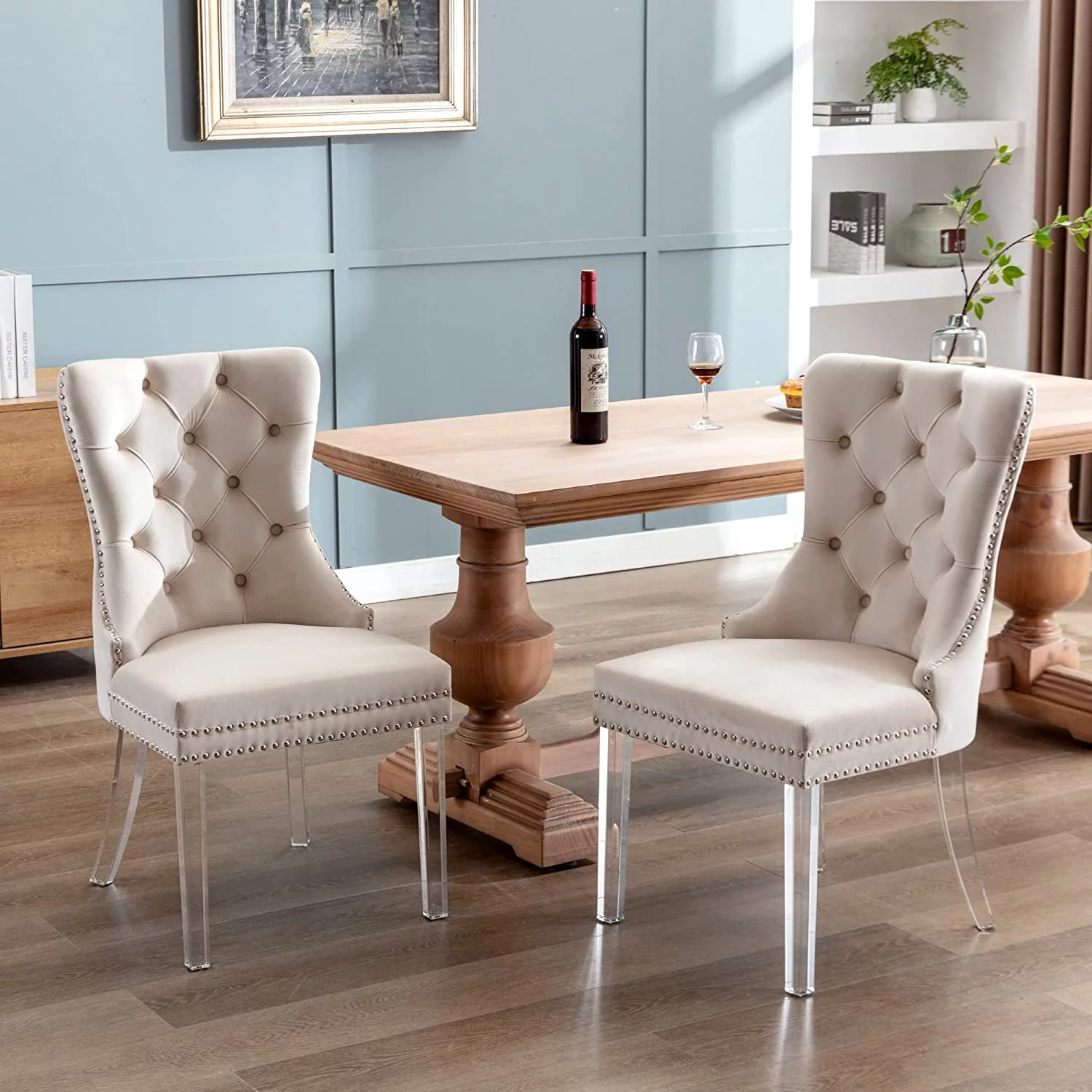 Velvet Dining Chairs Set of 2, Upholstered High-end Tufted Dining Room Chair with Nailhead Back Ring Pull Trim Solid Acrylic Legs