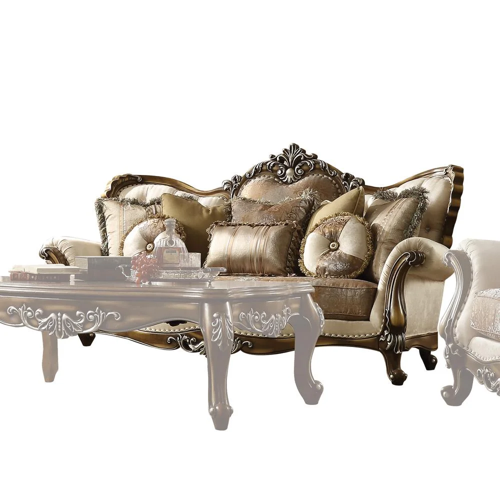 ACME  Latisha Sofa with 6 Pillows - Tan - Pattern Fabric & Antique Oak - 48 x 89 x 40 in.