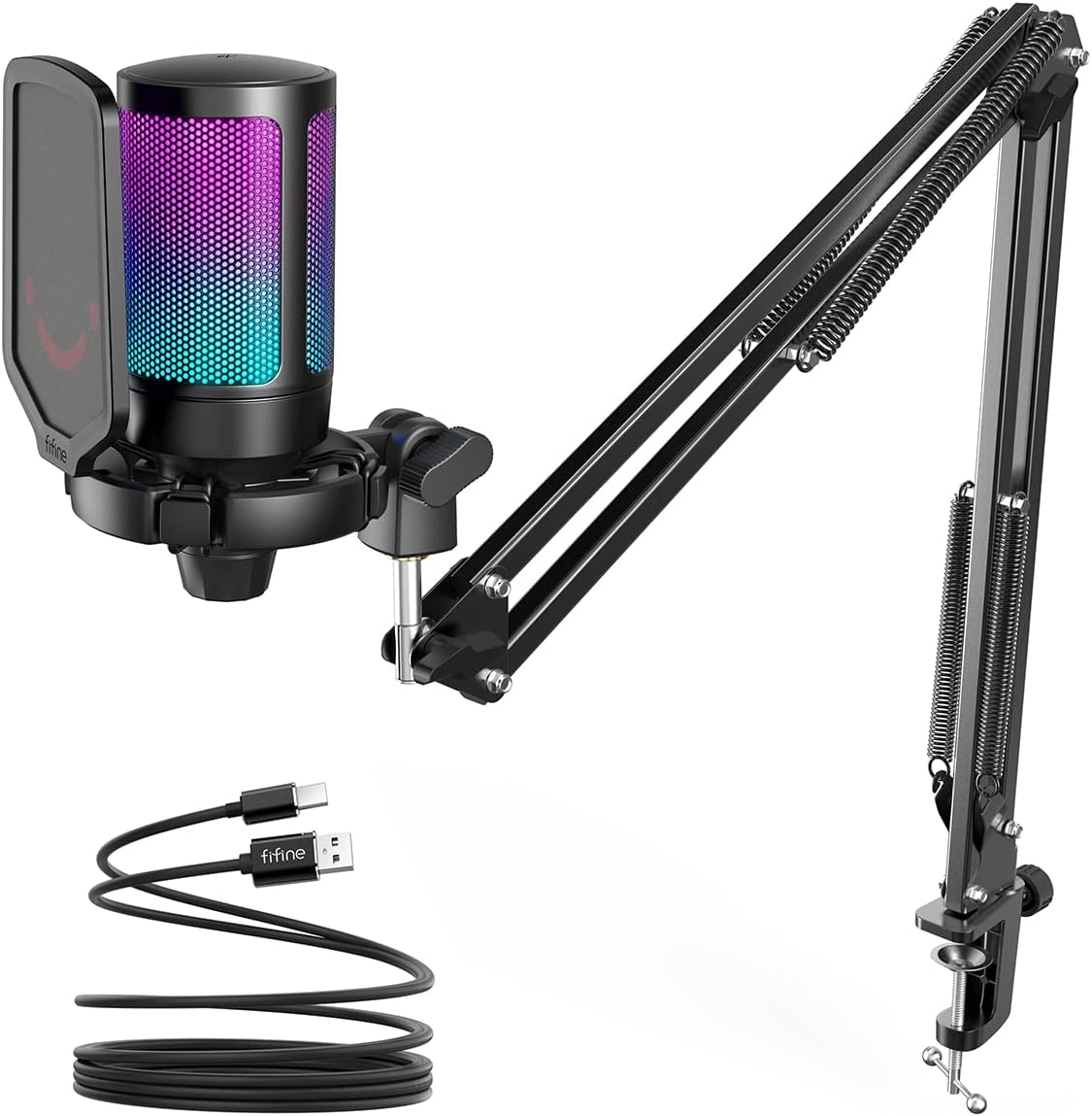 FIFINE USB Gaming Microphone Kit, Plug & Play for PC, PS4/5, 192 kHZ Condenser Cardioid Microphone Set with Mute Button, Volume Gain, RGB, Arm Stand