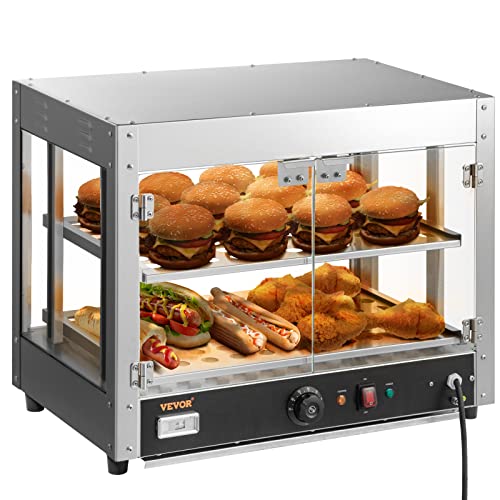 VEVOR Commercial Food Warmer Display, 2 Tiers, 800W Pizza Warmer w/ 3D Heating 3-Color Lighting Bottom Fan