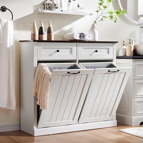 Tilt Out Laundry Hamper Cabinet, 10 Gallon Farmhouse Trash Can Cabinet with Drawer