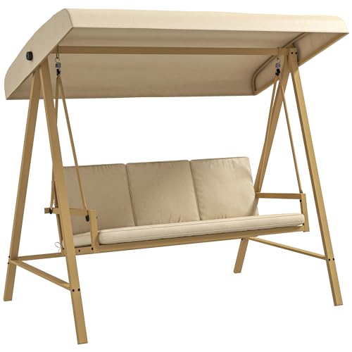 Outsunny 3-Seat Outdoor Porch Swing with Stand, Heavy Duty Patio Swing Chair with Adjustable Canopy, Removable Cushions