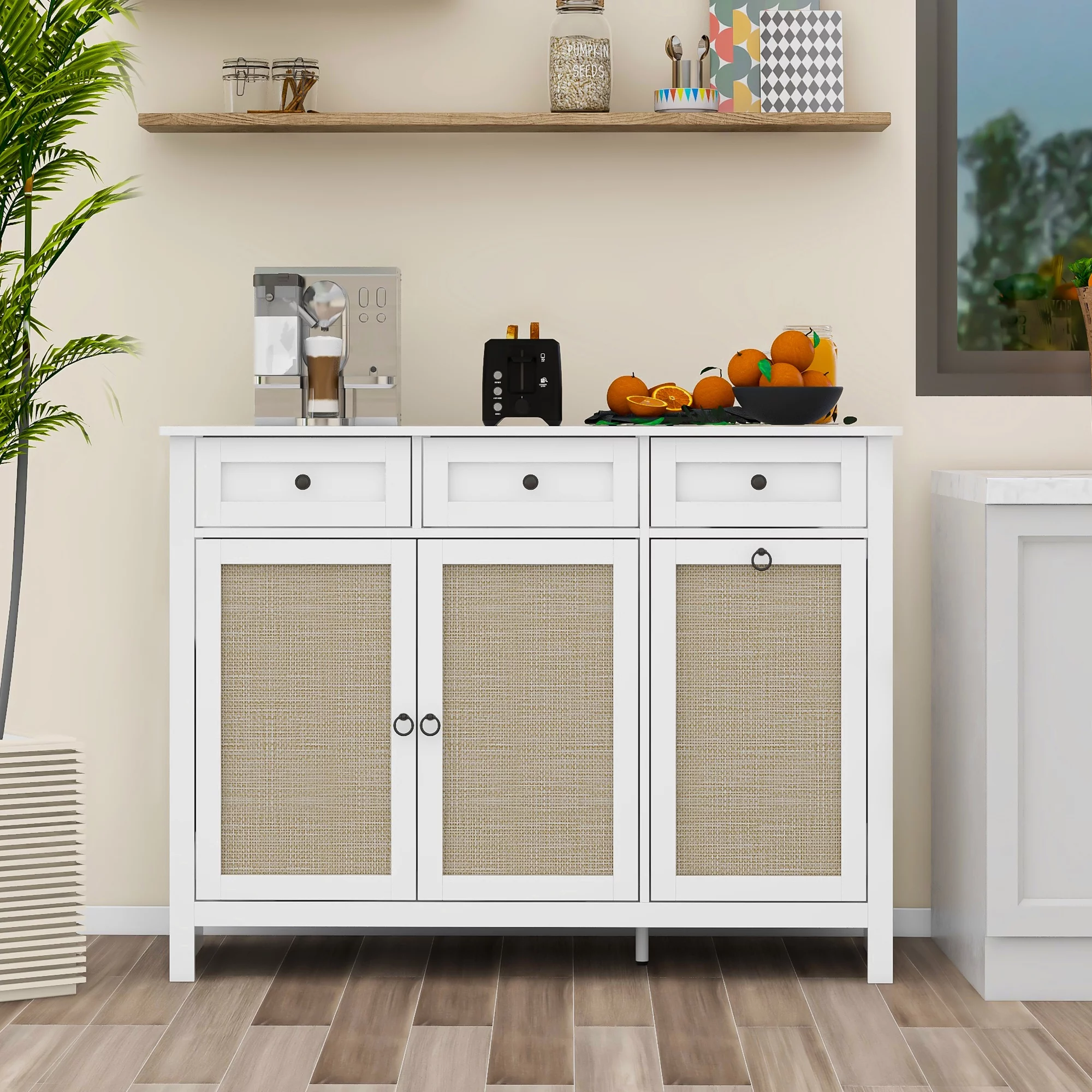 Giratree Rattan Sideboard Buffet Cabinet, Storage Cabinet Buffet Table with 3 Doors and 3 Drawer