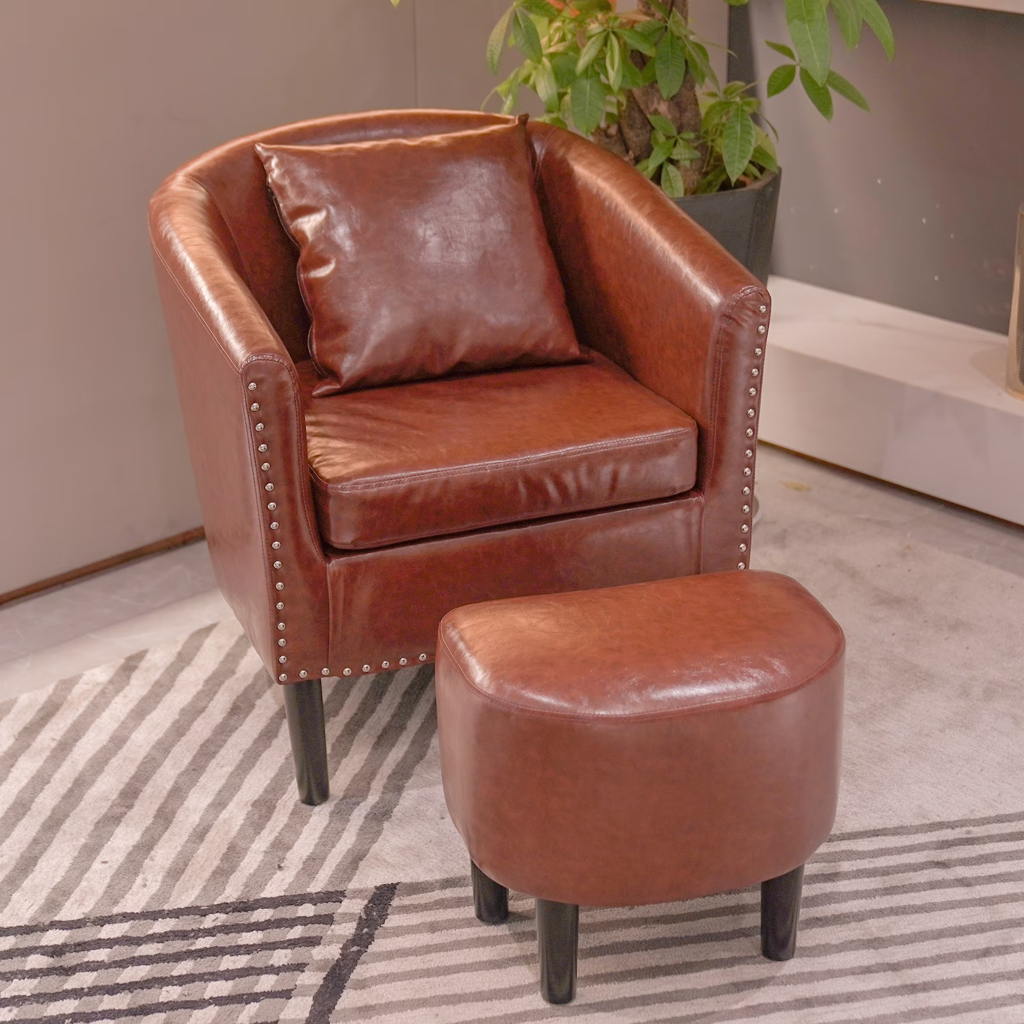 Living Room Chairs Faux Leather Modern Club Chair with Ottoman Cozy Arm Chair with 1 Pillow Brown