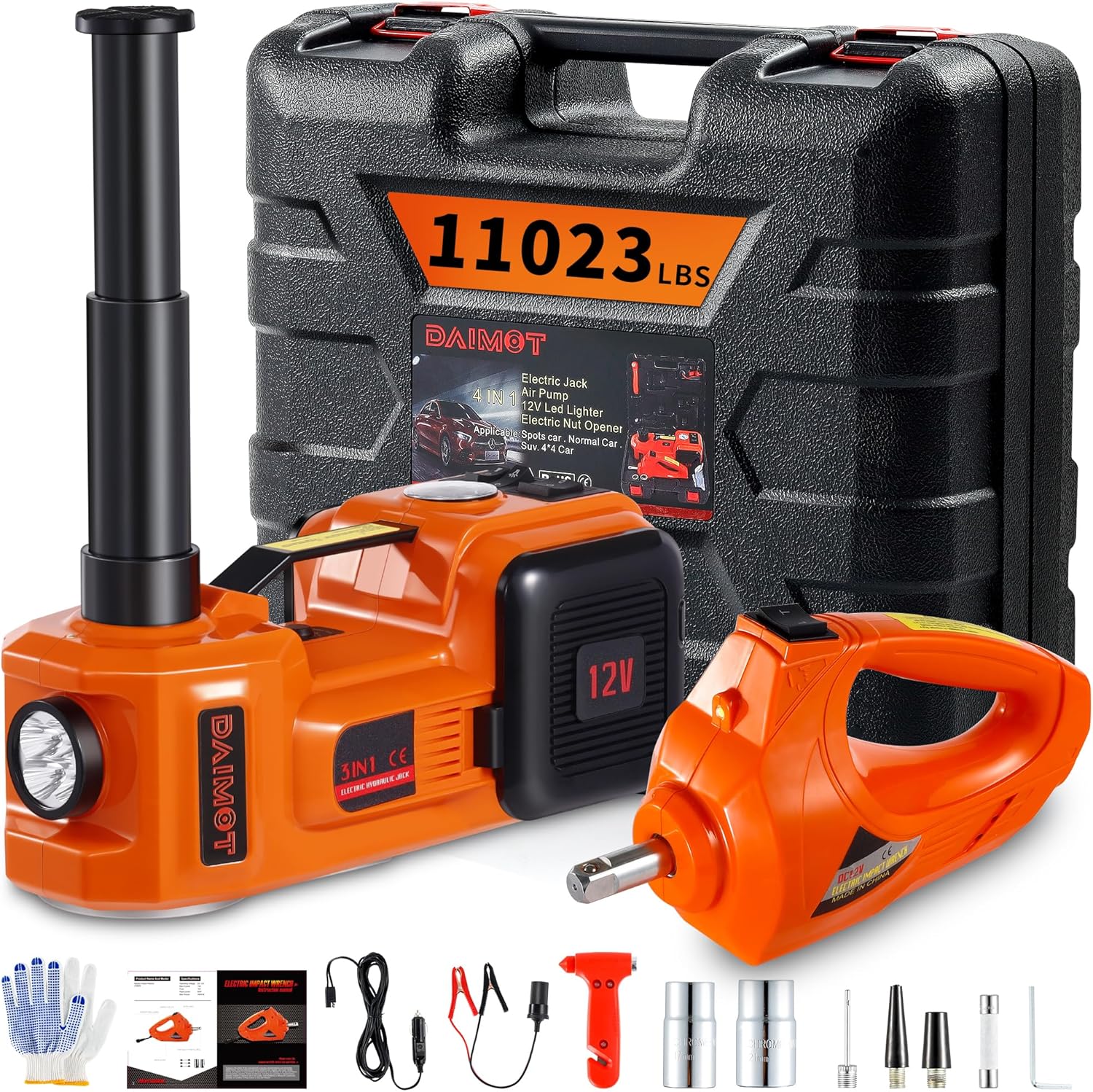 12IN1 Electric Car Jack 5 Ton - 11023 LBS Floor Jack Lift, Attachment Included Impact Wrench, Built-in Inflatable Pump, and LED Light