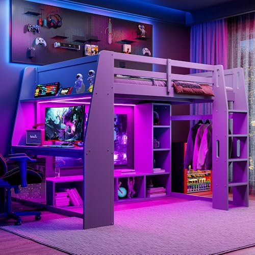 SOFTSEA Full Size Loft Bed with Desk and Storage, Solid Wood Loft Bed with Open Wardrobe and Multi-Storage Shelves