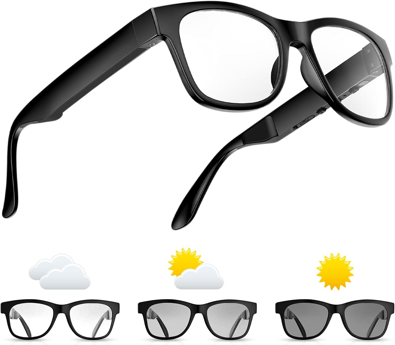 Bone Conduction Glasses, Open-Ear Headphones Bluetooth, Photochromic Sunglasses Anti Blue Ray, IP6 Waterproof Audio Glasses