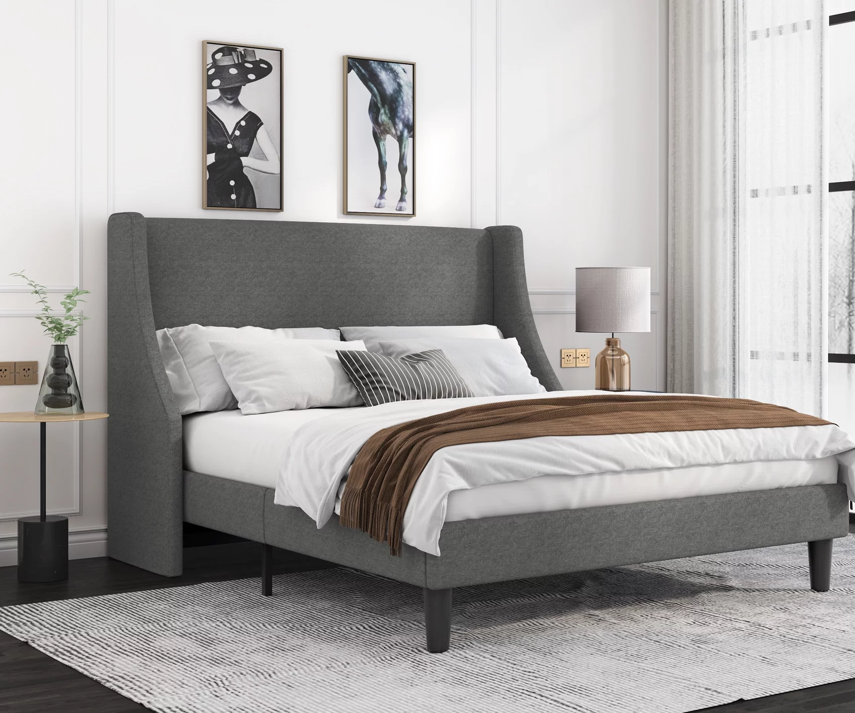 Allewie Full Size Fabric Upholstered Platform Bed Frame with Wingback Headboard, Light Grey