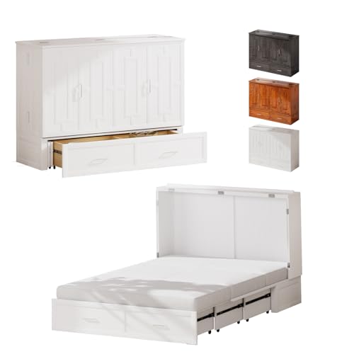 PUREMIND Queen Murphy Bed Cabinet with 2 Storage Drawers, Hideaway Murphy Chest Bed with Mattress