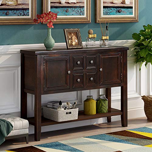 LOVMOR Cambridge Series Buffet Sideboard Console 2 Cabinets 4 Storage Drawers and Open Bottom Shelf