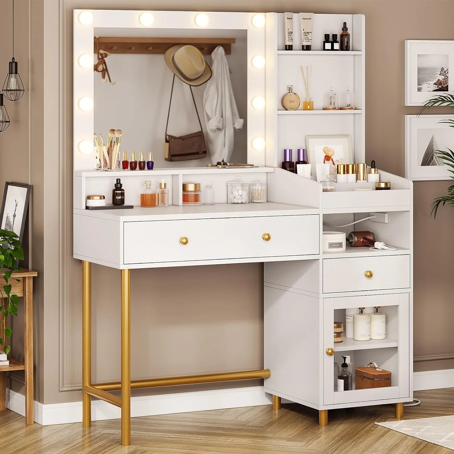 White Vanity Desk with Mirror and Lights and Drawers Modern Makeup Vanity Table with Charging Station&Cabinet for Bedroom