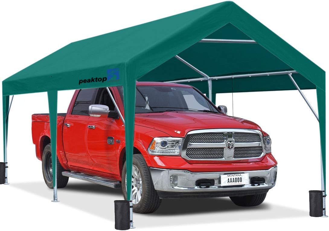 PEAKTOP OUTDOOR 10 x 20 ft Upgraded Heavy Duty Carport Car Canopy Portable Garage Tent Boat Shelter with Reinforced Triangular Beams and 4 Weight Bags
