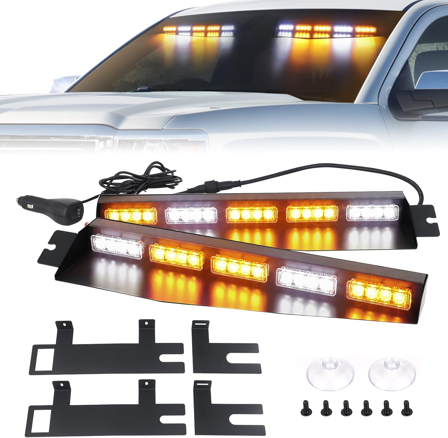 Emergency Visor Lights Green/White Strobe Lights Bar Warning Flashing Safety Interior Windshield for Construction Vehicles Trucks w/ Take Down