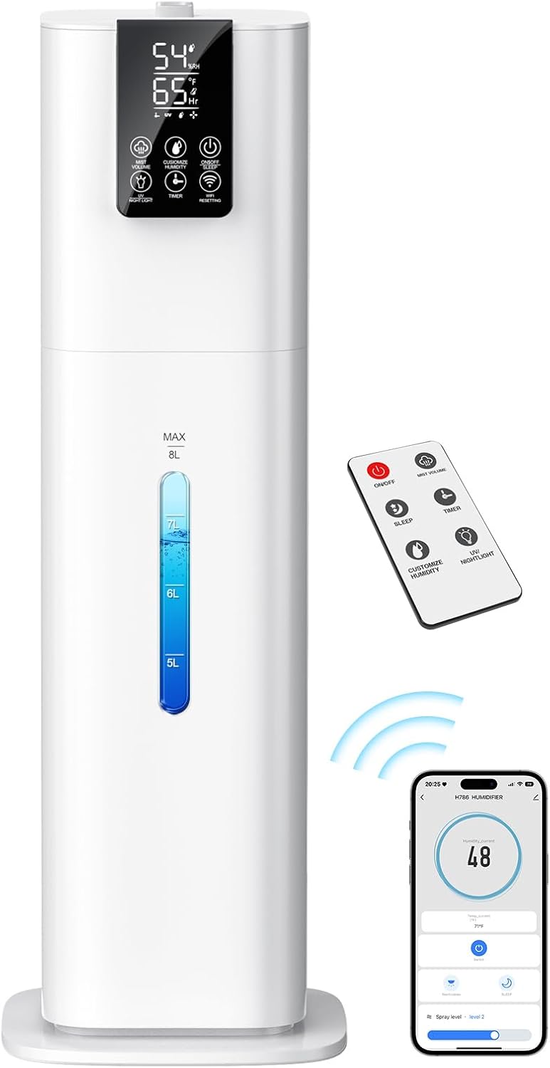 Smart Humidifiers Large Room Bedroom Home, 8L Top Fill Cold Mist Humidifiers with 3 Adjustable Mist Levels, Smart App & Remote Control, 48H Runtime