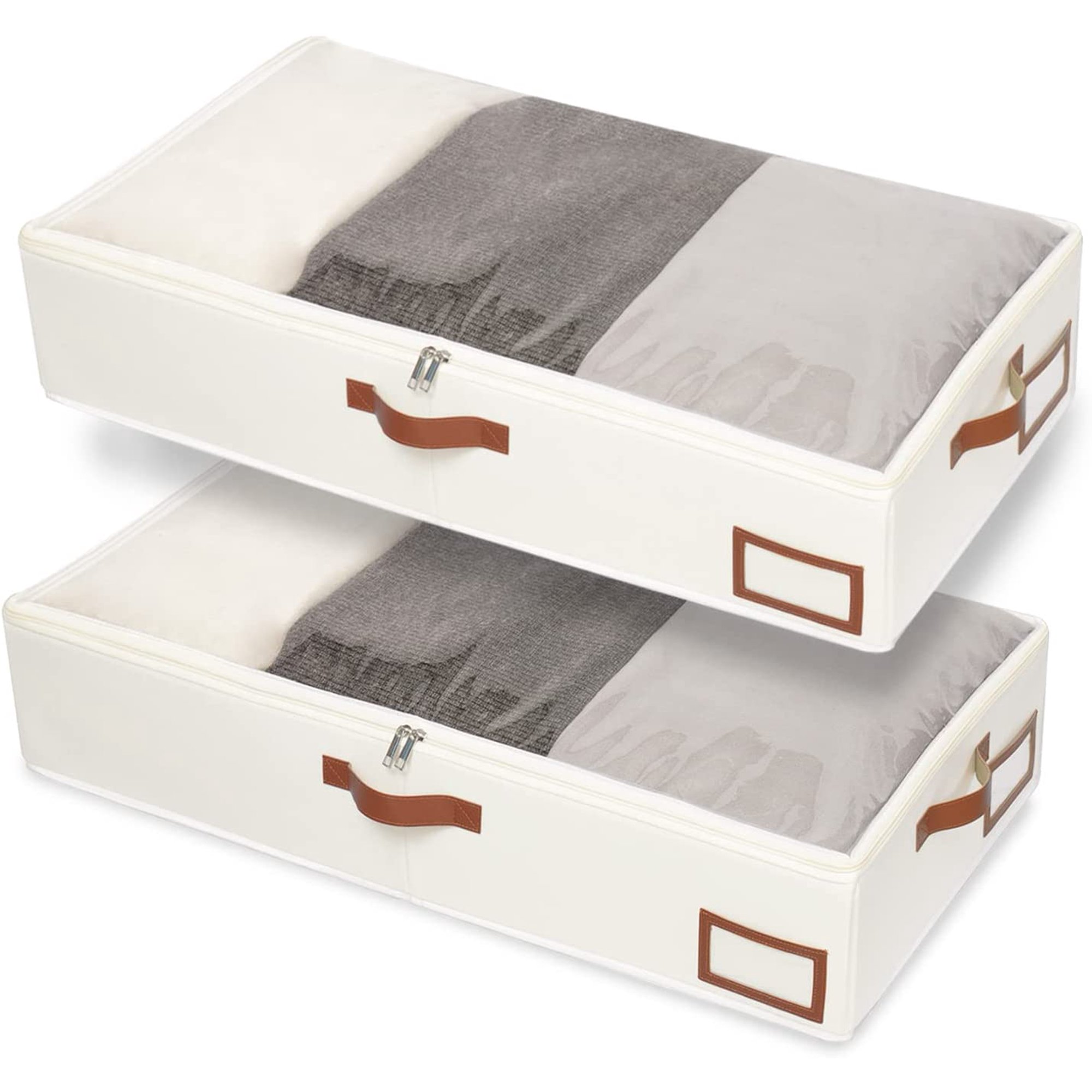 Under Bed Storage, 2 Pack Underbed Storage Box, Collapsible Storage Bag, with Sorting card slot and 4 Leather Handles, for Blanket, Bedding