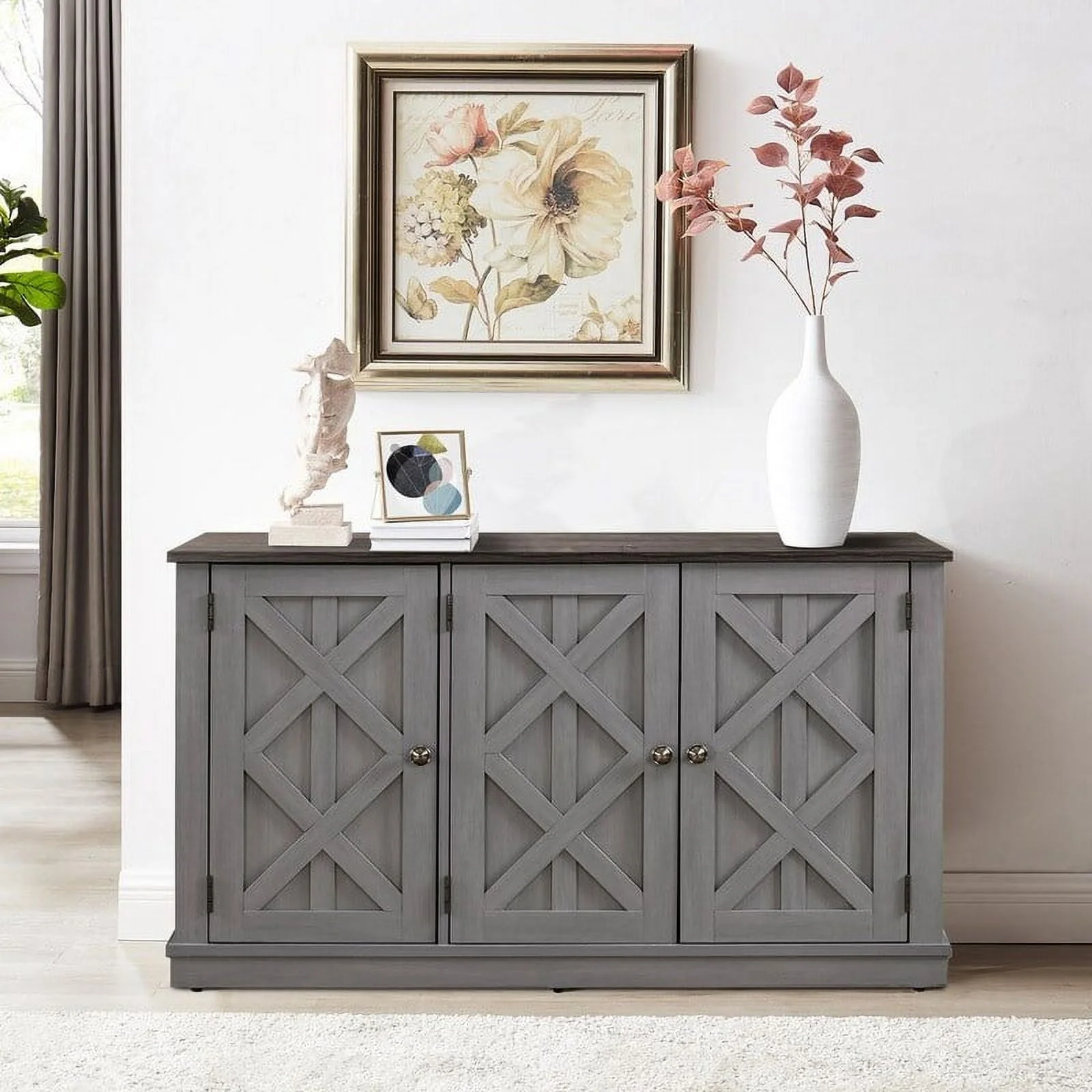 48" Rustic Wood Finish Buffet Cabinet with 3 Doors - Ample Storage - 48" in Width Grey Gray Natural Finish, Wood Finish