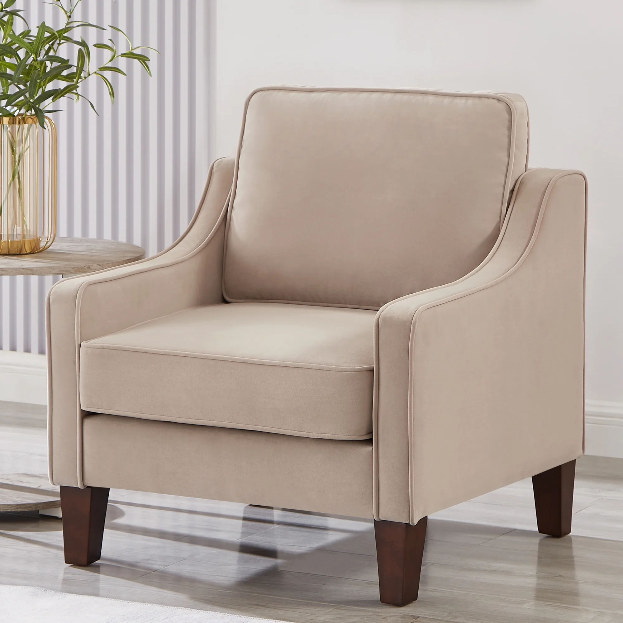 Taupe Modern Armchair, Living Room Single Seat Sofa Chair with Wooden Legs, Upholstered Velvet Accent Chair for Indoor Use