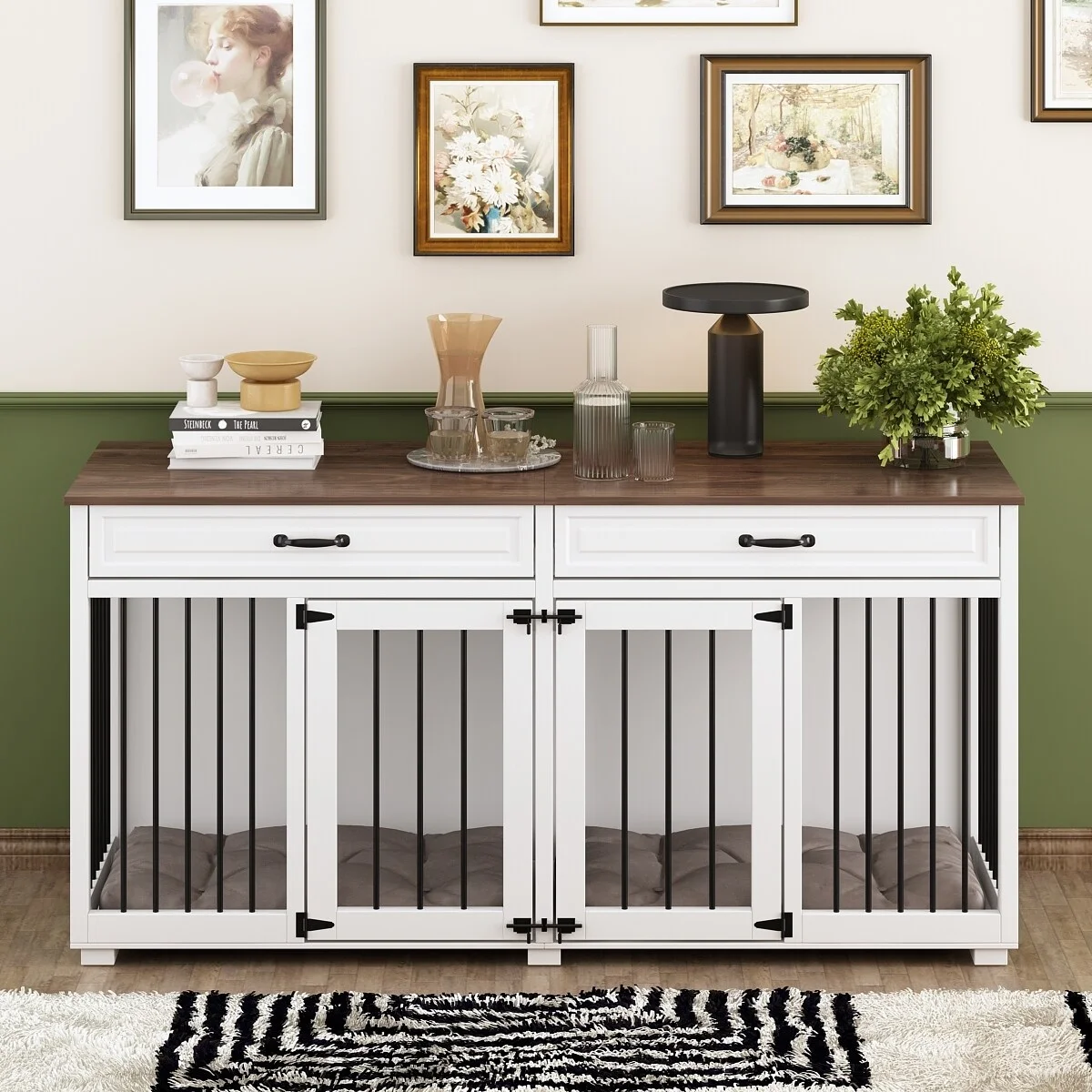 Wooden Double Dog Crate Kennel Furniture with 2 Drawers & Divider White - Curated Treasures Market