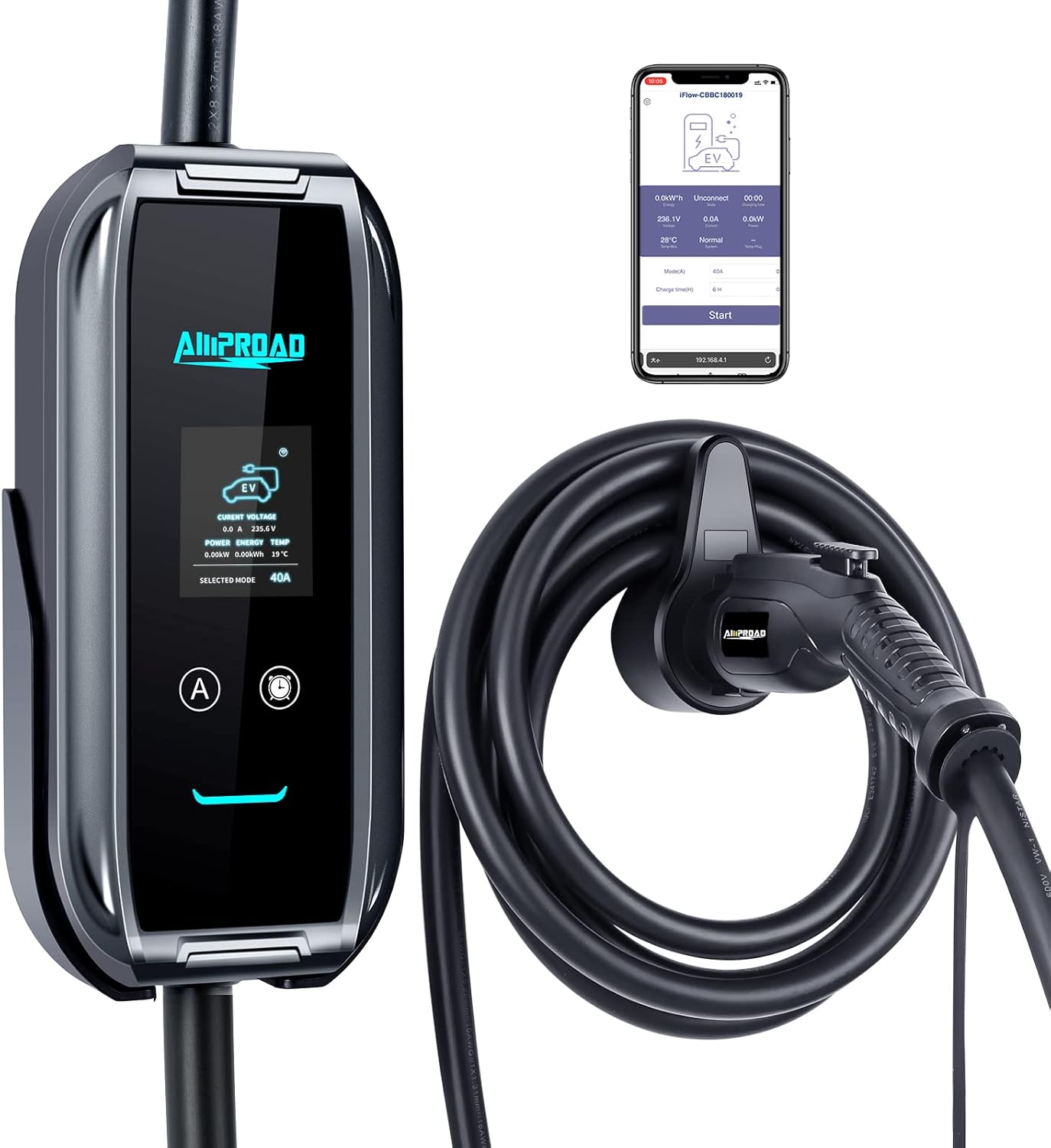 AMPROAD iFlow P9 EV Charger Level 2, 40/32/24 Amp Adjustable, 240V EVSE with WiFi, Versatile for Portable & Wall Charger (NEMA 14-50, 25 Foot Cable)