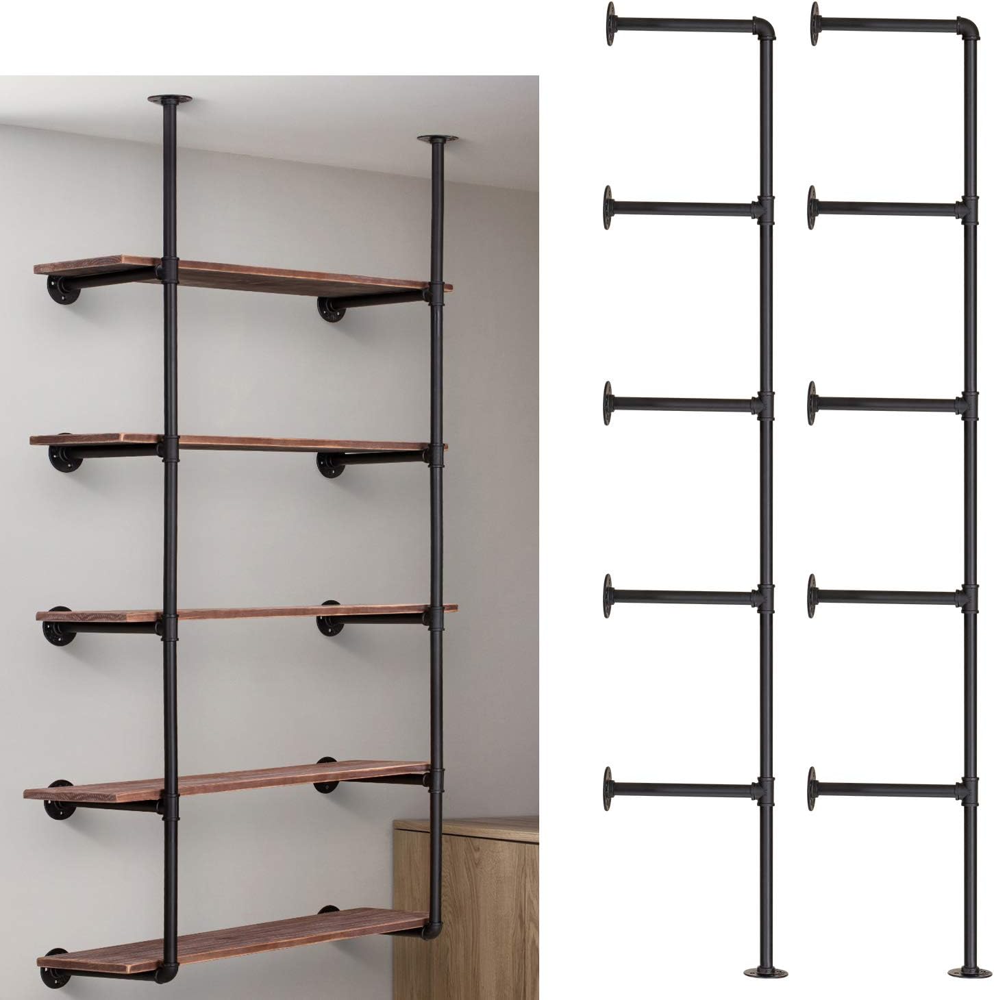 Industrial Iron Pipe Shelf Wall Mount, Farmhouse DIY Open Bookshelf, Pipe Shelves for Kitchen Bathroom, bookcases Living Room Storage, 2Pack of 5 Tier