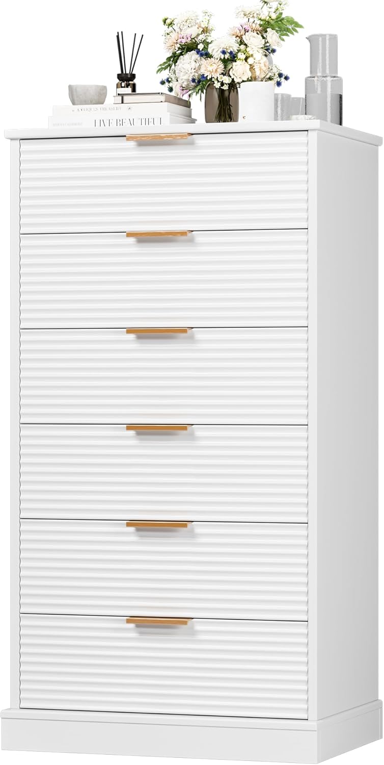 6 Drawer Dresser, Tall White Dresser with Large Storage Space, Modern Chest of Drawers with Handles