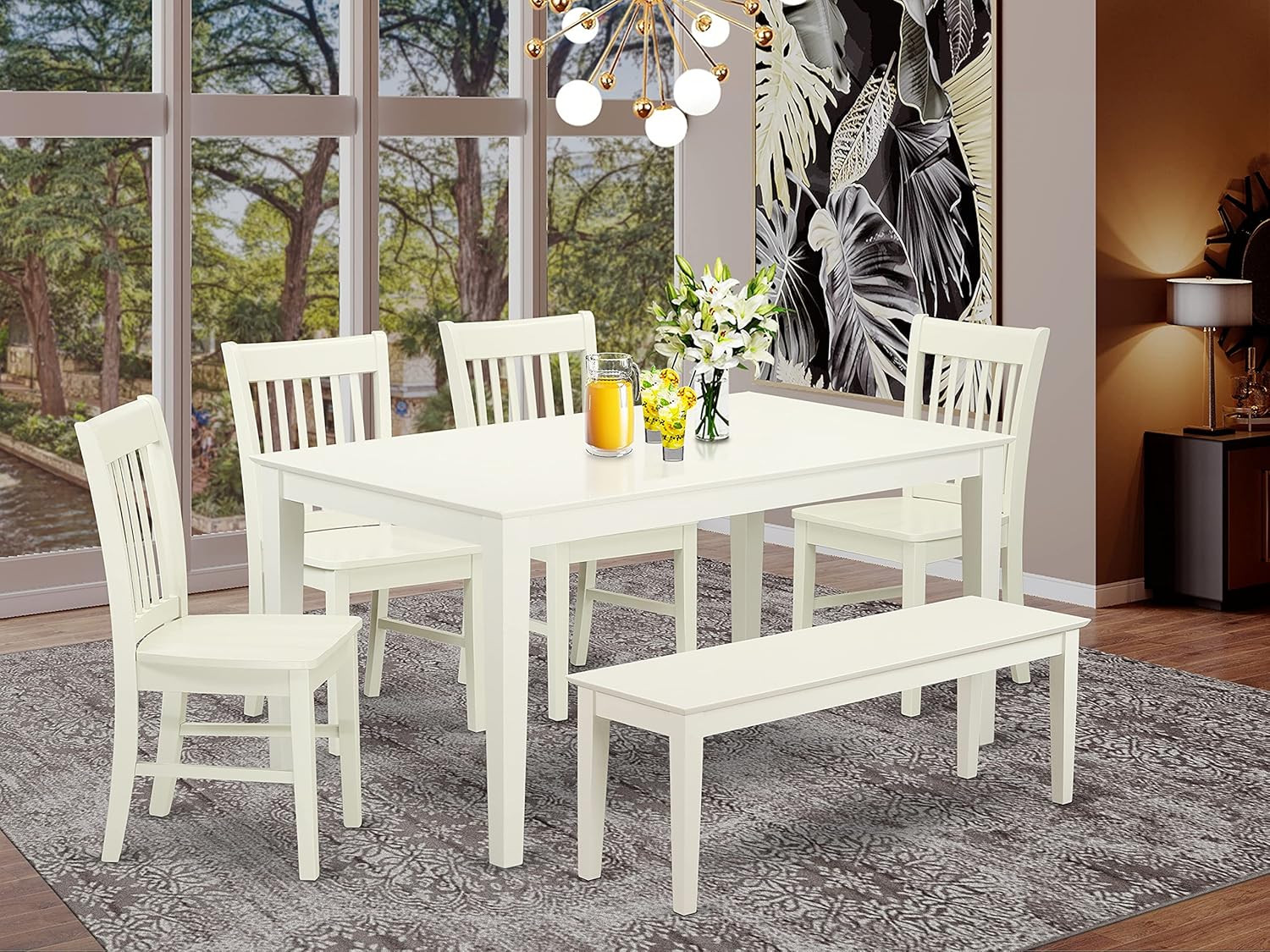 East West Furniture CANO6-OAK-C 6 Pc Wooden Set – 4 Dining Chairs with Linen Fabric Seat and Slatted Back-Rectangular Top and 4 Legs Dining Room