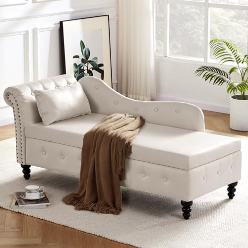 Tufted Velvet Chaise Lounge Indoor with Storage, Button Tufted Chaise with Nailhead Trim