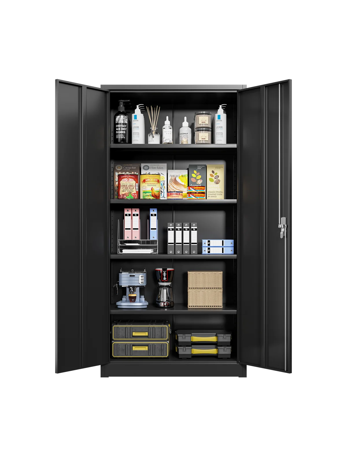 Metal Garage Storage Cabinet Steel Utility Cabinets with 4 Shelves & Locking Doors, Assembly Required（Black）