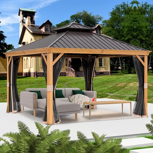 Kozyard Apollo 10’x12’ Hardtop Gazebo, Wooden Coated Aluminum Frame Canopy with Galvanized Steel Double Roof