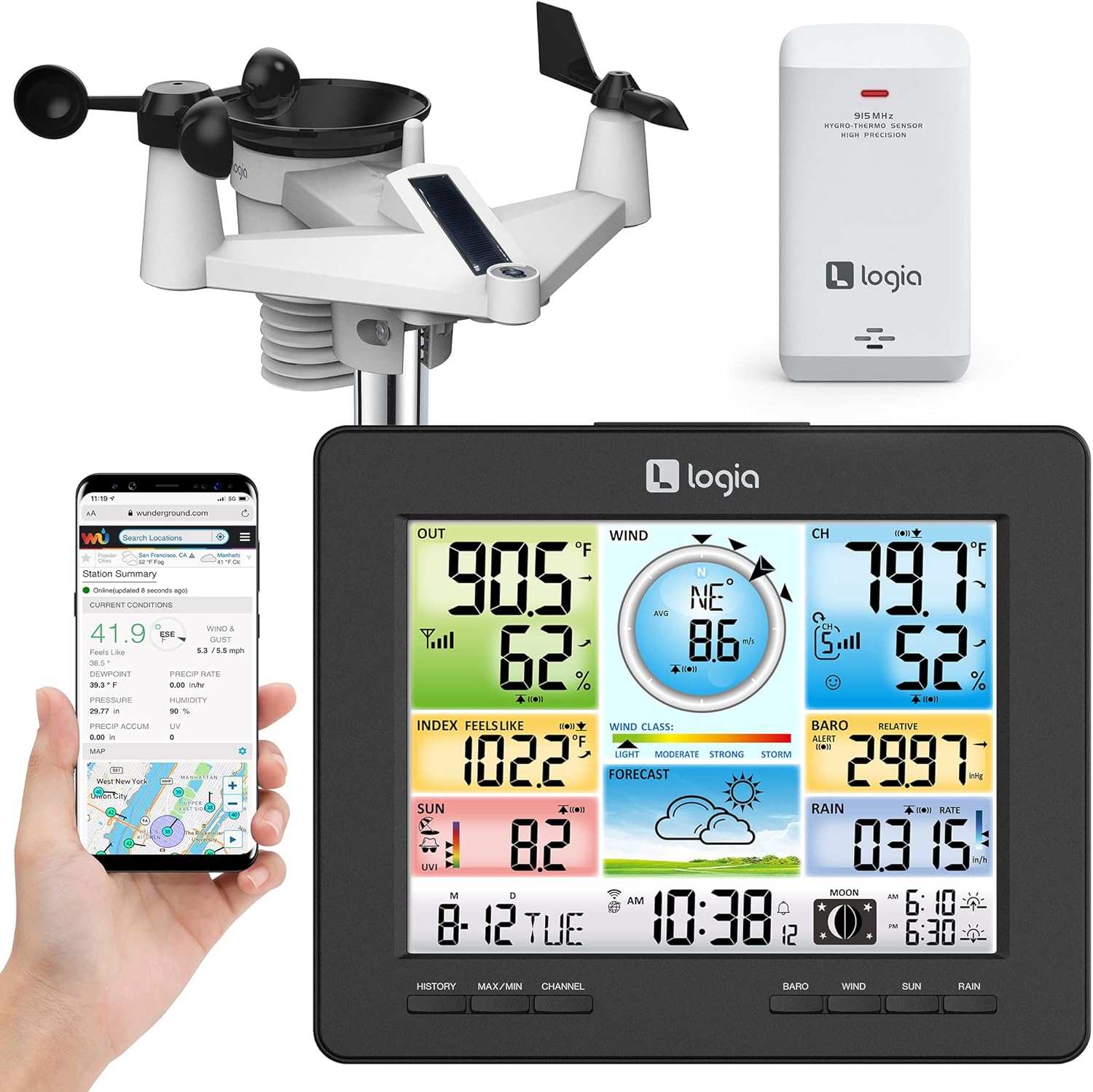 Logia 7-in-1 Wi-Fi Weather Station with Solar | Indoor/Outdoor Remote Monitoring System, Temperature Humidity Wind Speed/Direction Rain UV & More