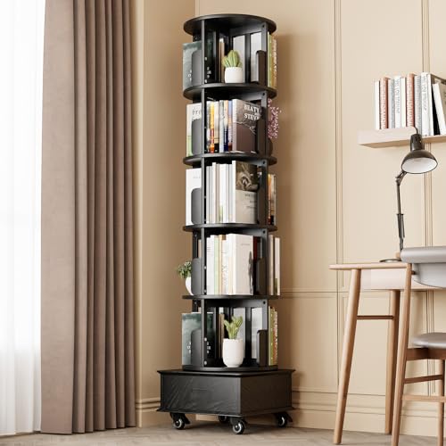 Solid Wood Rotating Book Shelf, 360° Display Bookcase with Drawer, 5-Tier Mobile Bookshelf with Wheels, 79" Tall Bookcase for Narrow Space