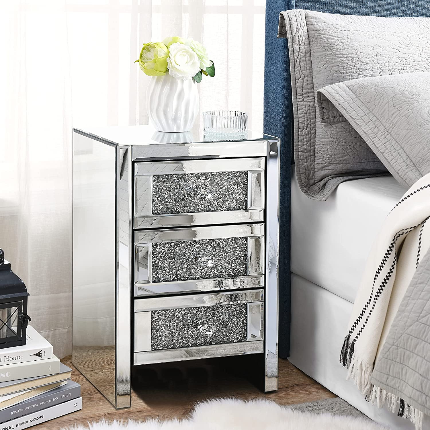 Alohappy Mirrored Nightstand with 3-Drawers, Mirror and Crystal Surface End Table Silver Bedside Table for Living Room/Bedroom, Fully Assembled