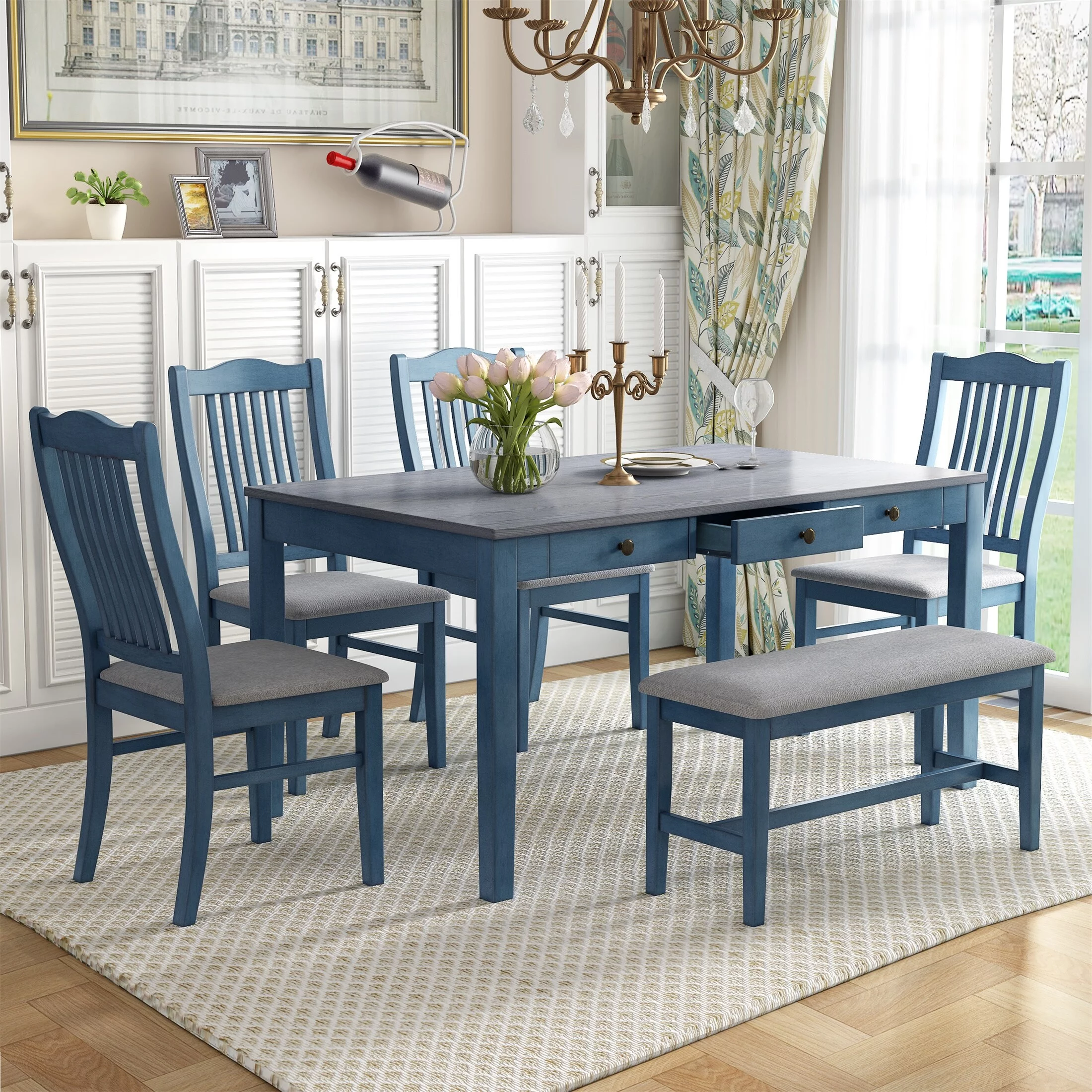YJTONWIN 6 Piece Wood Dining Table Set With Drawer, Chairs And Bench Antique Blue