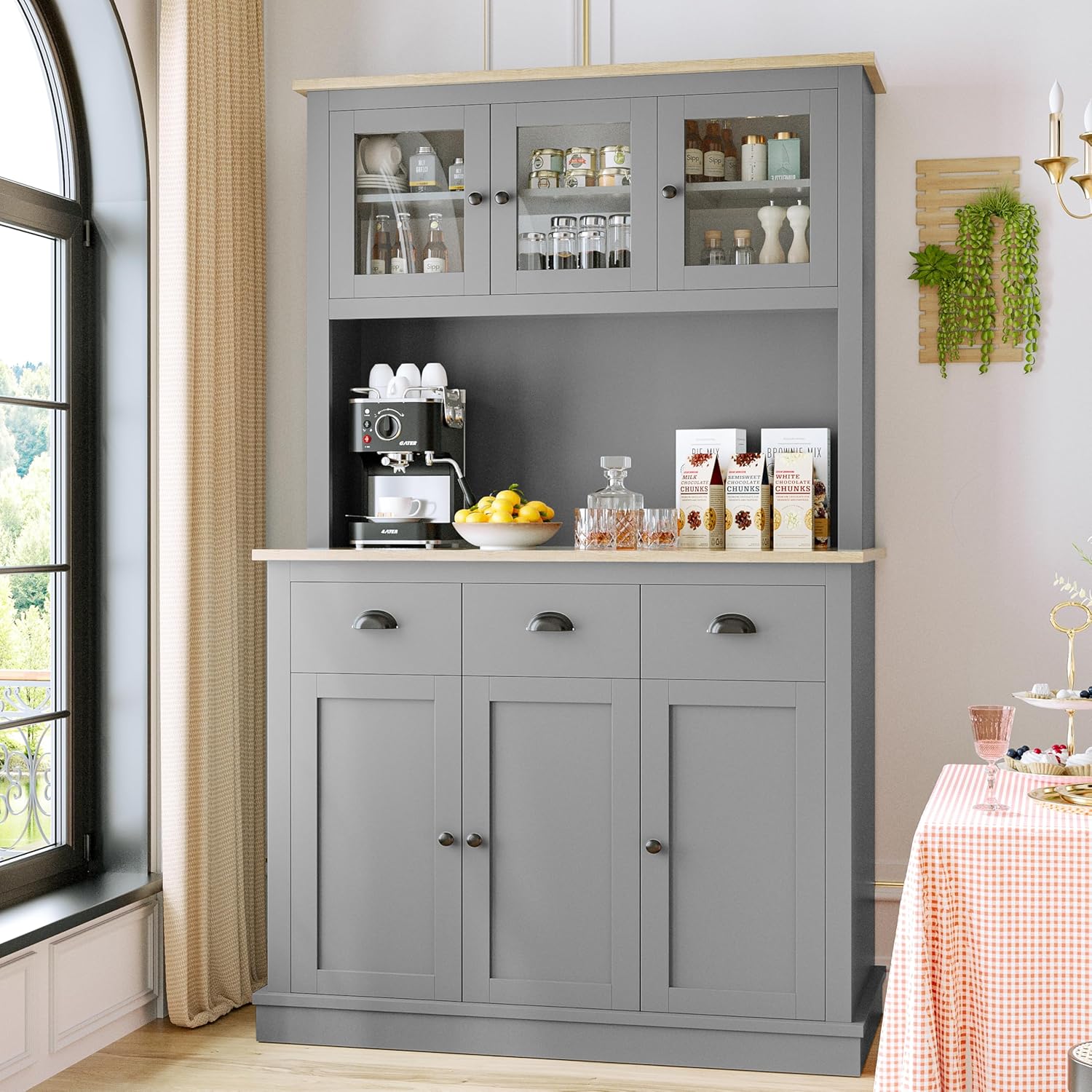 MU 71" Kitchen Hutch Storage Cabinet with Countertop, Tall Freestanding Kitchen Pantry Cabinet with Drawers, Drawers & Microwave Shelf