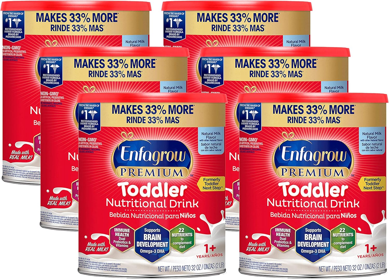 Enfagrow Premium Toddler Nutritional Drink 32 oz. Powder Can (Pack of 6) Dual Prebiotics for Immune Support, DHA for Brain Development