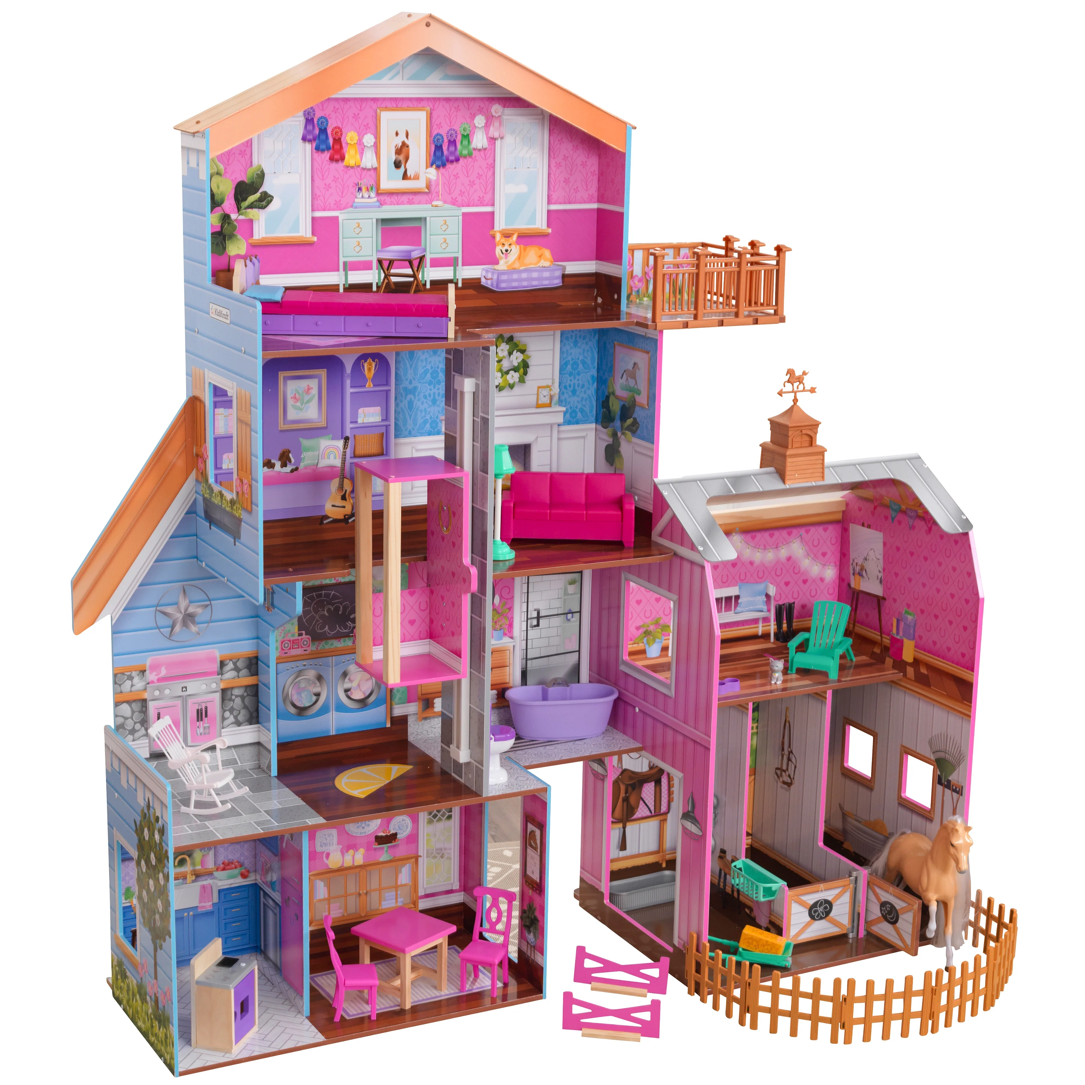 KidKraft Grand Horse Stable Wooden Dollhouse with Bonus Horse Figure, Lights, Sounds and 26 Pieces - Curated Treasures Market