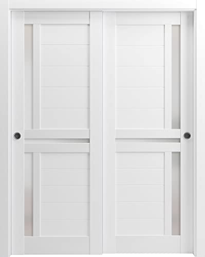 SARTODOORS Sliding Closet Bypass Doors 56 x 80 inches | Veregio 7288 White Silk with Frosted Glass | Sturdy Rails Moldings Trims Hardware Set | Wood