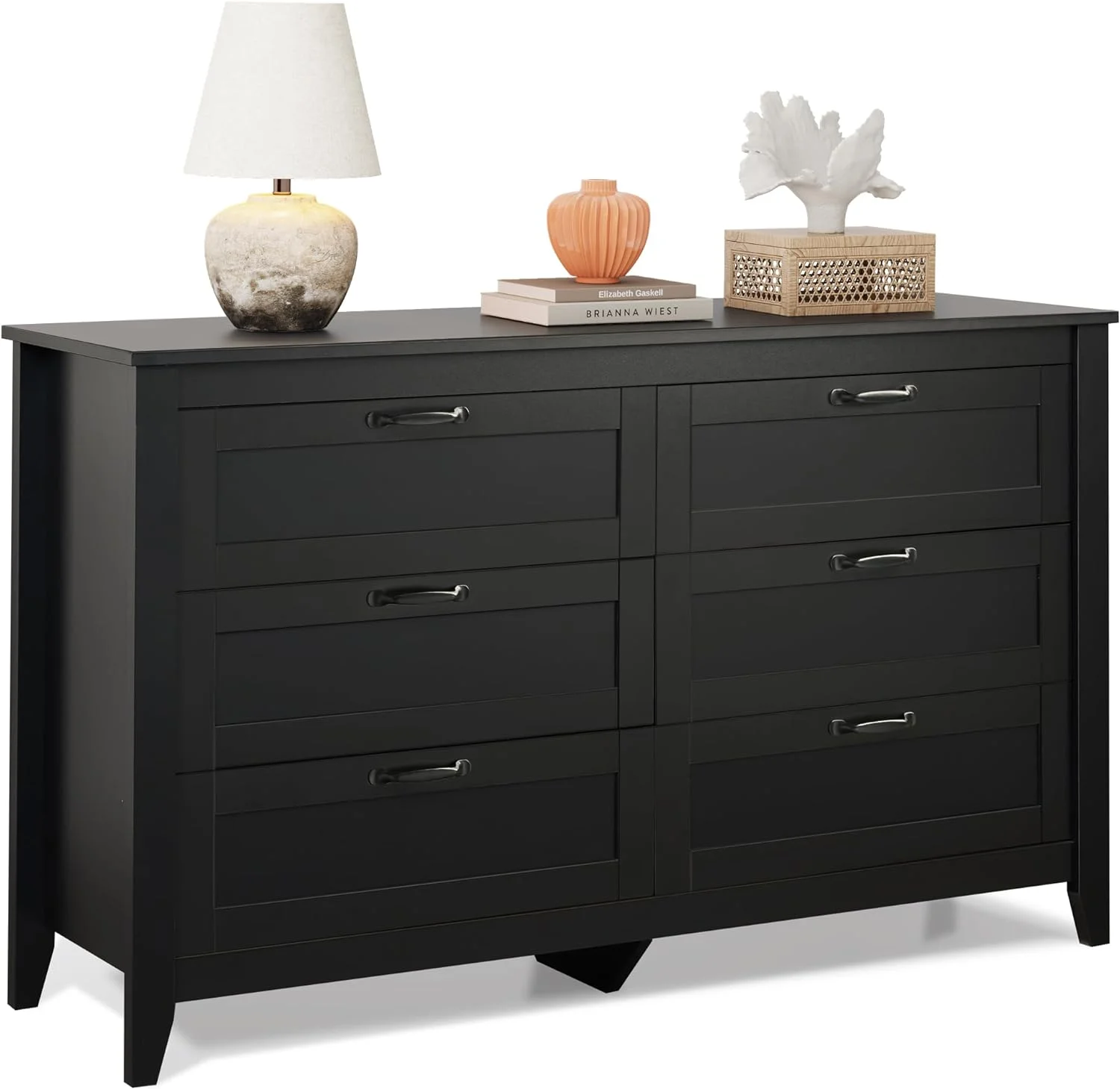 WLIVE Black Dresser with 6 Drawers, Wood Storage Chest of 6 Drawers, Wide Black Dresser for Bedroom, Wood Dresser for Living Room