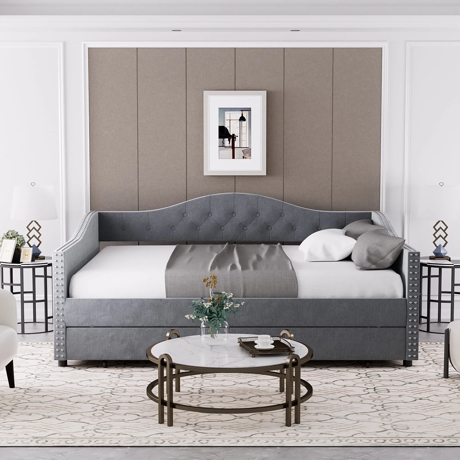 Tufted Upholstered Daybed With Trundle,Full Size Daybed Frame with Wood Slat Support and Button Tufted Backrest,Velvet Sofa Bed Frame for Living Room