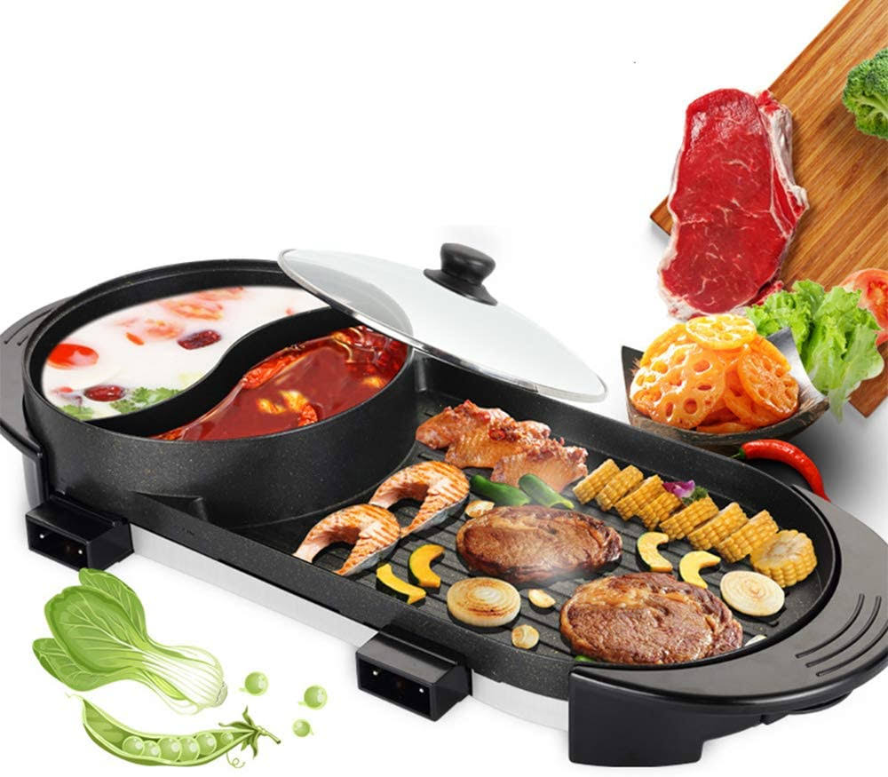 Portable Electric Grill, Electric Barbecue Grill Indoor Hot Pot Chafing Dish, Large Capacity Household Multifunctional Non-Stick